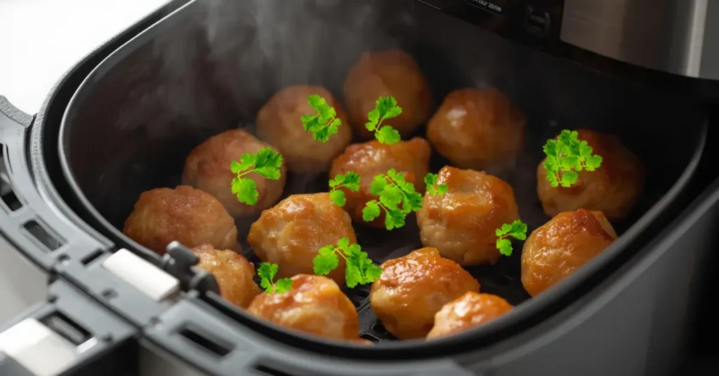 Golden brown chicken meatballs in an air fryer basket