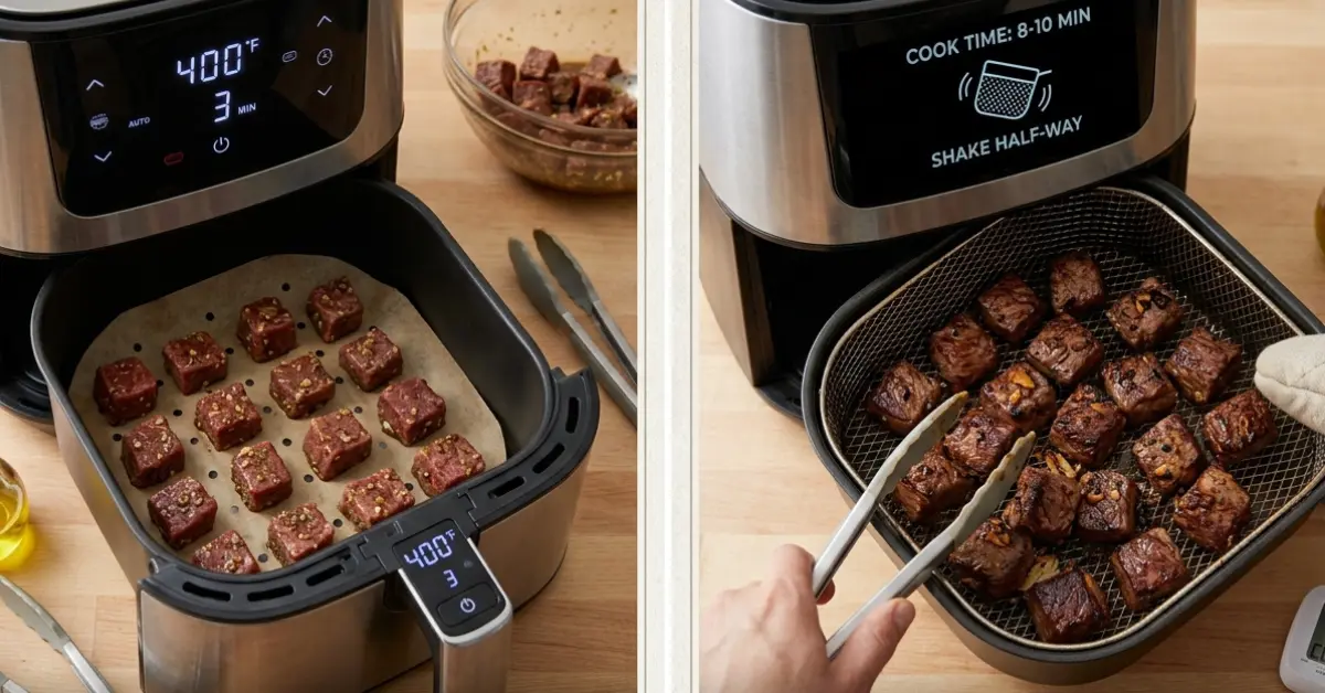 Preheat air fryer steak bites