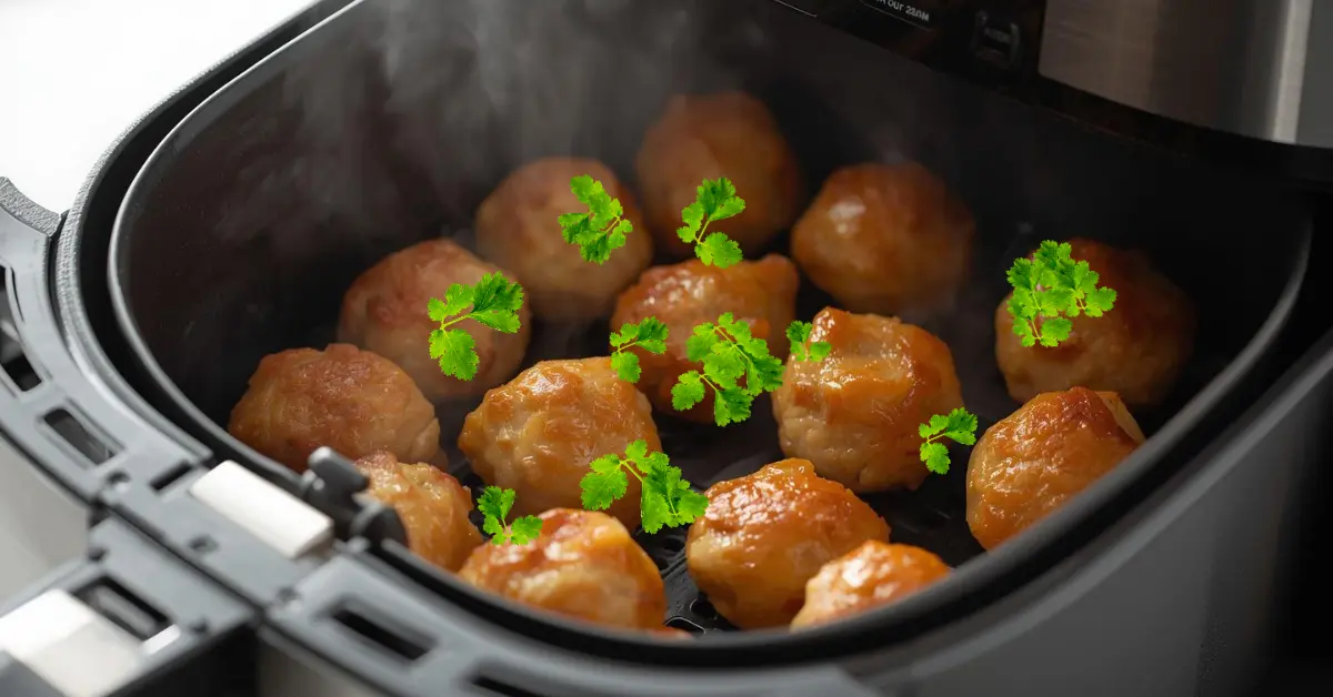 Golden brown chicken meatballs in an air fryer basket
