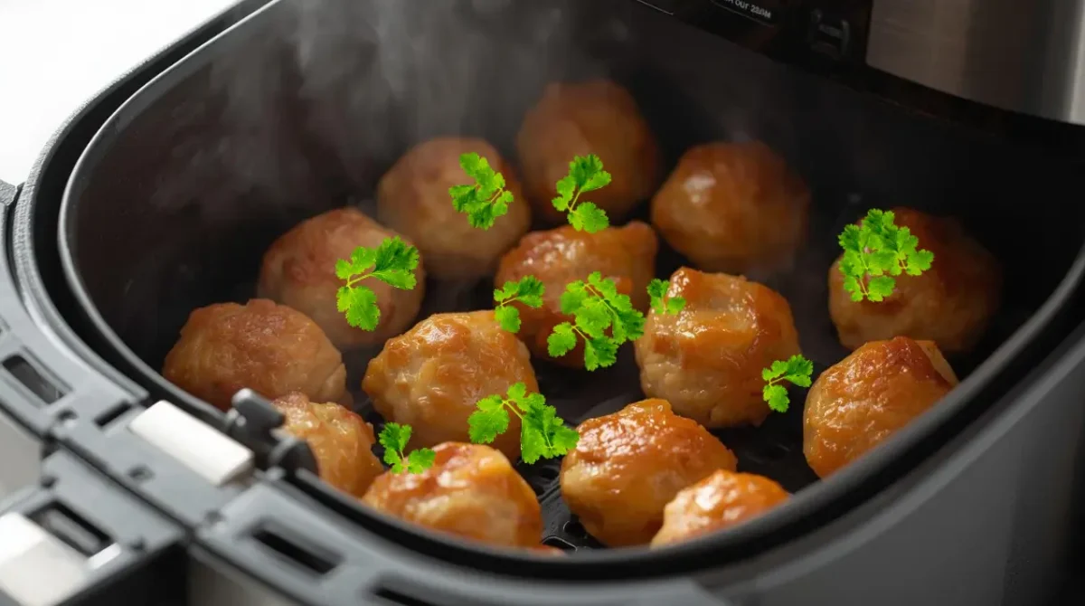 Golden brown chicken meatballs in an air fryer basket
